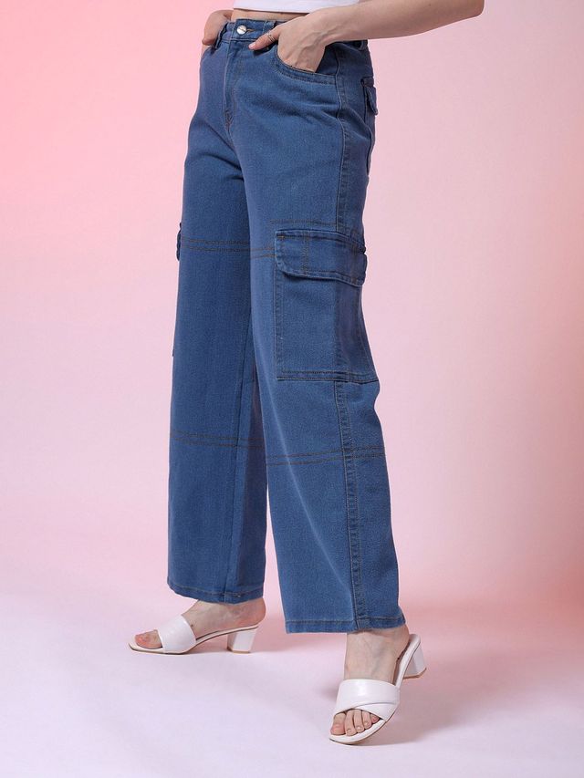 Freehand Women's Top Stitched Baggy Cargo Denim With Flap Pocket | Blue - 30