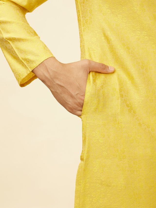 Manyavar Yellow Blended Viscose Self Design Kurta Set | XXL