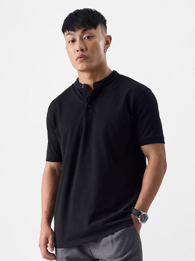 The Souled Store Men's Regular Solids- Midnight Black Mandarin Polo | 2XL
