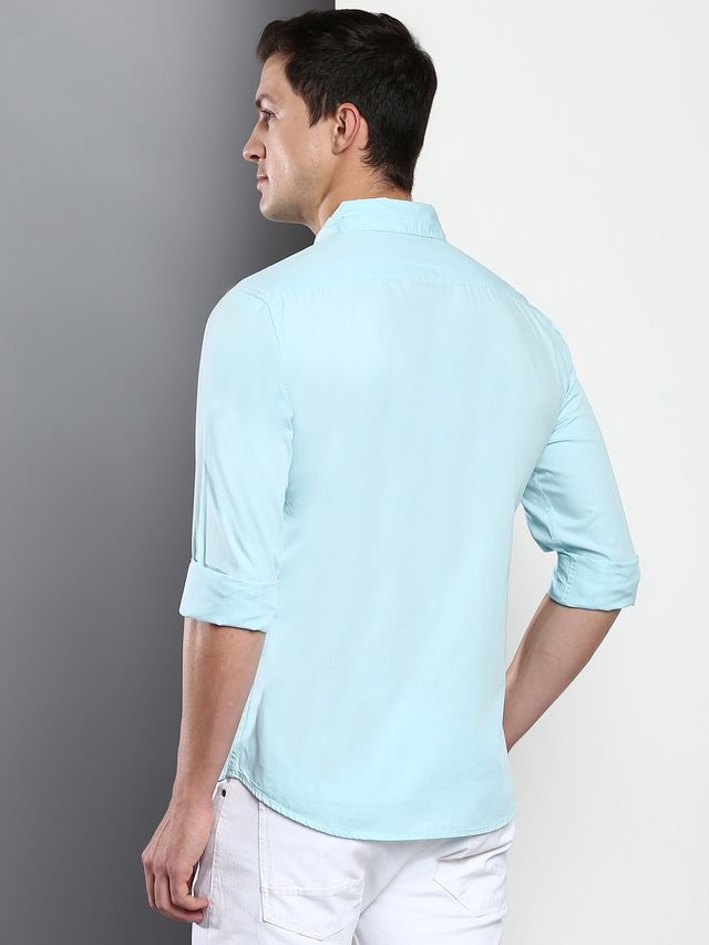 Dennis Lingo Men's Cotton Solid Slim Fit Casual Shirt | Turquoise Blue | L
