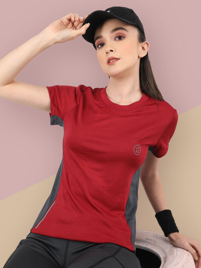 Chkokko Women's Round Neck Regular Fit Half Sleeves Gym T-shirt | Maroon - L