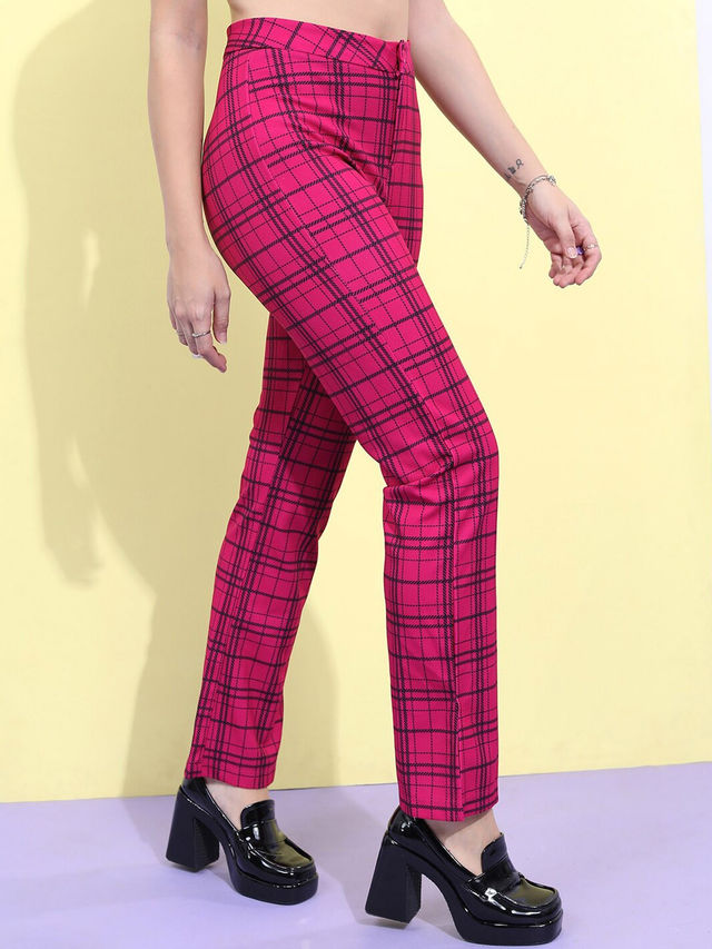Ketch Women's Checked Split Hem Regular Trousers | Multicolor - 32