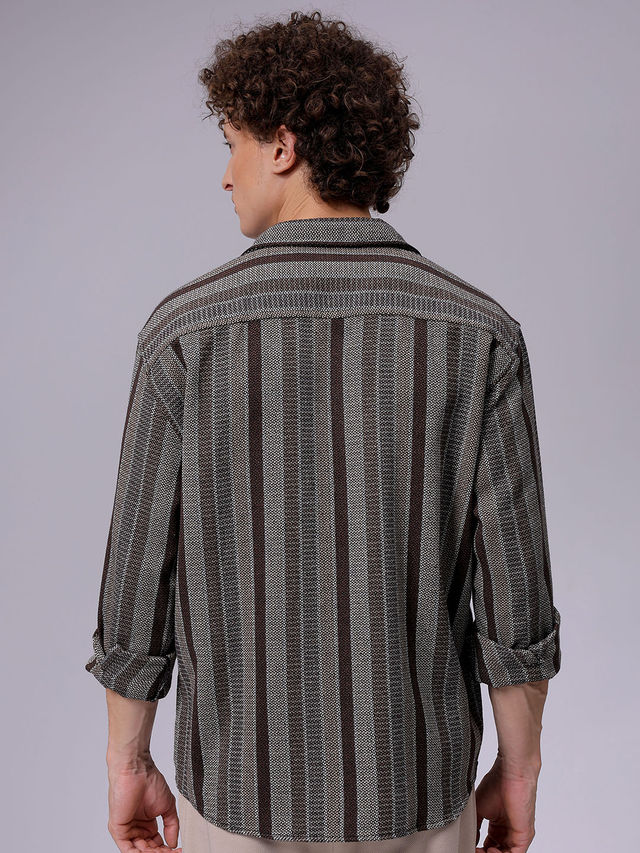 The Indian Garage Co Men's Relaxed Fit Striped Resort Shirt | Khaki - L
