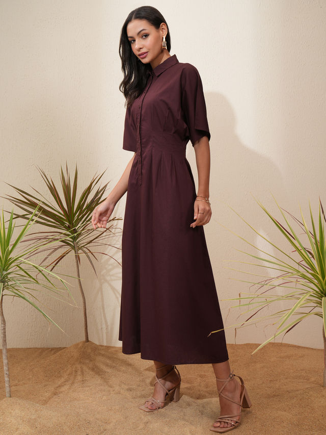 Tokyo Talkies Women's Fit and Flare Regular Sleeves Midi Dress | Brown - XL