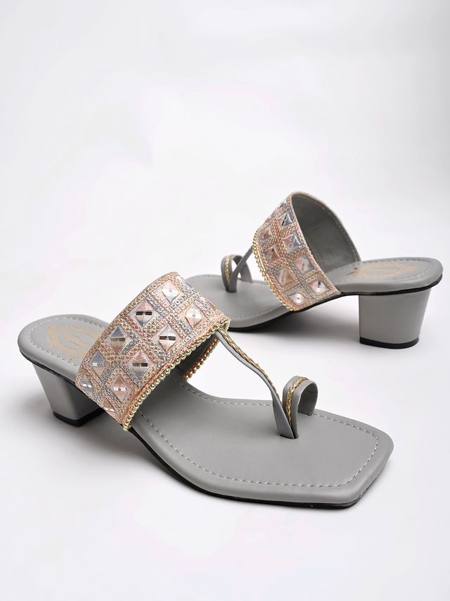 Shoetopia Classic Grey Kolhapuri Heels For Women | UK 6