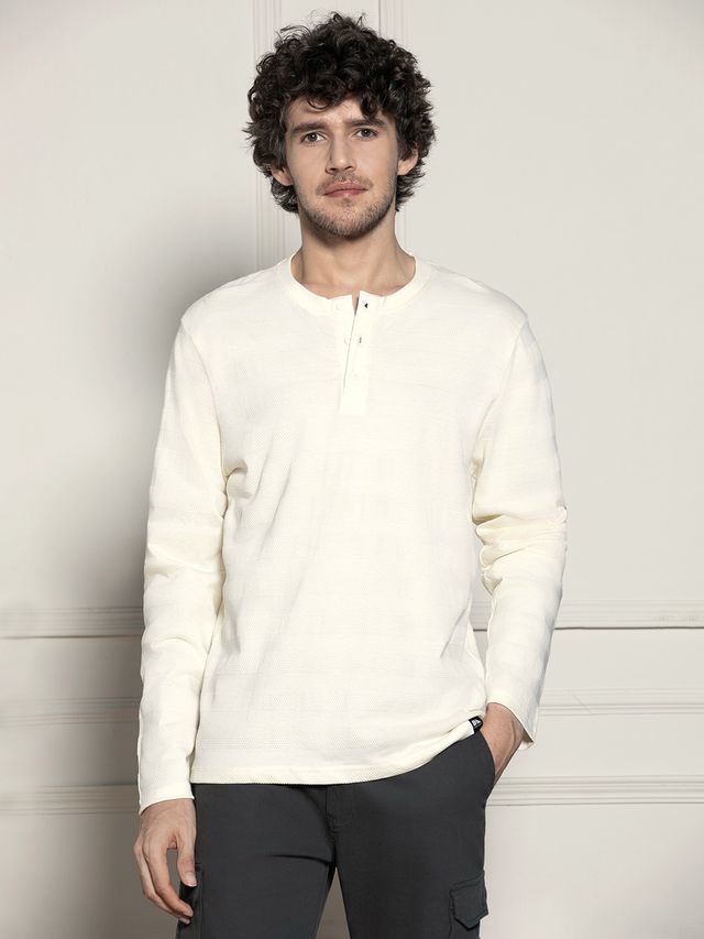 Dennis Lingo Men's Henley Neck Textured Full Sleeve T-shirt | White Ecru | L