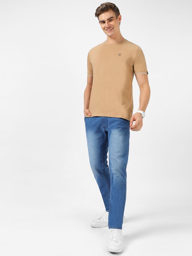 Urbano Fashion Men's Slim Fit Solid Round Neck Half Sleeve Cotton T-Shirt | Khaki - L