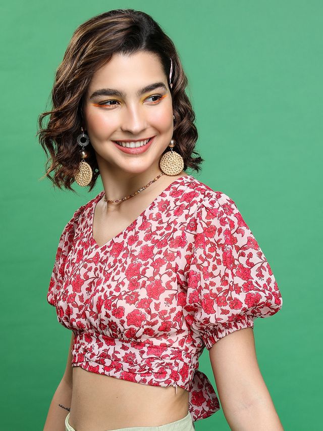 Ketch Women's Floral Printed Puff Sleeve Crop Top | Multicolor - XL
