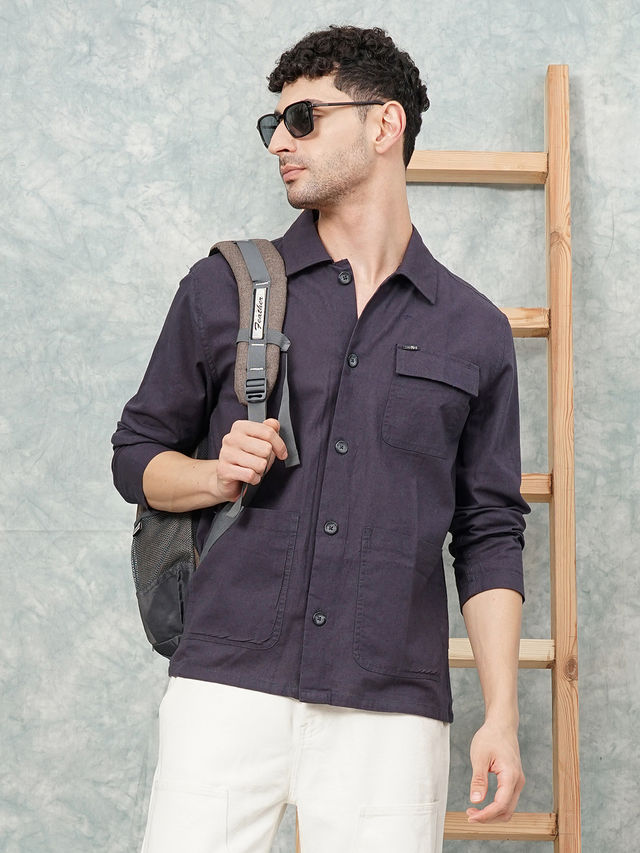 The Indian Garage Co Men's Slim Fit Solid Street Shirt | Grey - XL