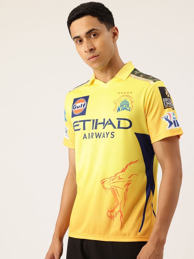 playR Chennai Super Kings Authentic Fan Jersey IPL 2025 Adult Dhoni 7 Half Sleeve | Yellow | M