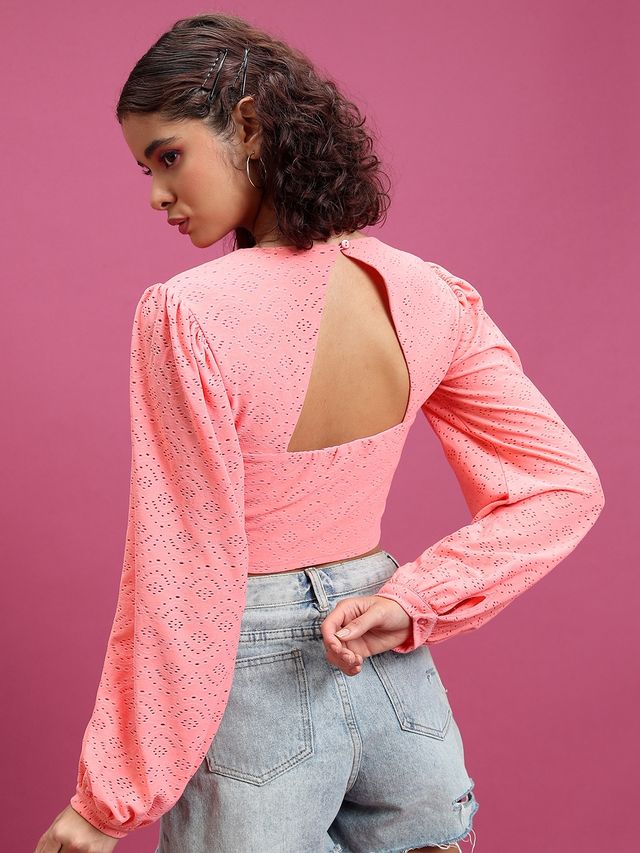 Ketch Women's Self Design Round Neck Bishop Sleeves Blouson Crop Top | Pink - S
