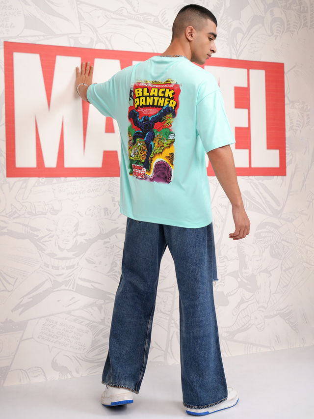 HIGHLANDER Men's Marvel Panther Round Neck Oversized Drop Shoulder Tshirt | Aqua - M