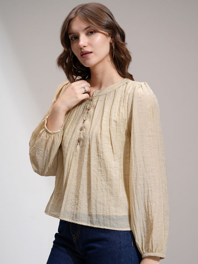 Tokyo Talkies Women's Solid Bishop Sleeve Pleated Top - Buy at