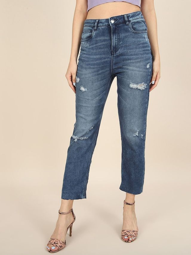 Freehand Women's Distress Straight Fit Jeans | Blue - 30