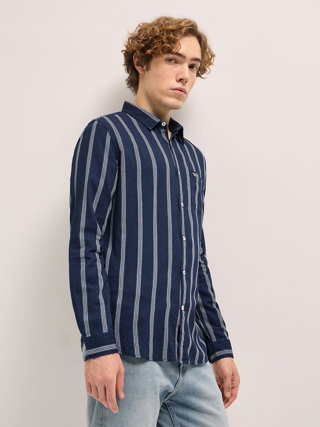 The Bear House Men Slim Fit Striped Casual Shirt - Murray | Navy Blue | XL