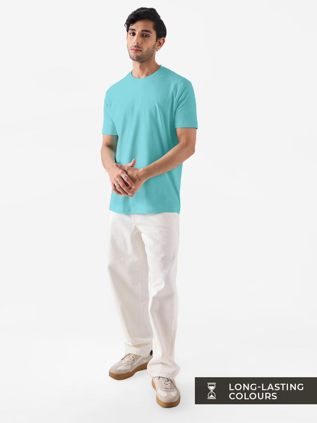The Souled Store Men's Regular Supima- Airy Blue Supima T-shirts | L