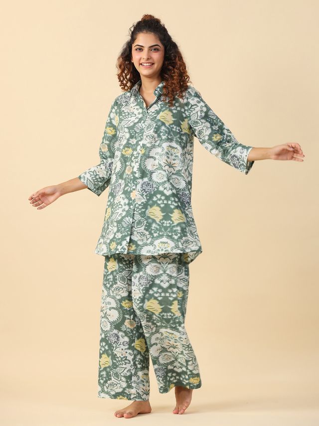 Sanskrutihomes Floral Printed Pure Cotton Night Suit | Green - White | S