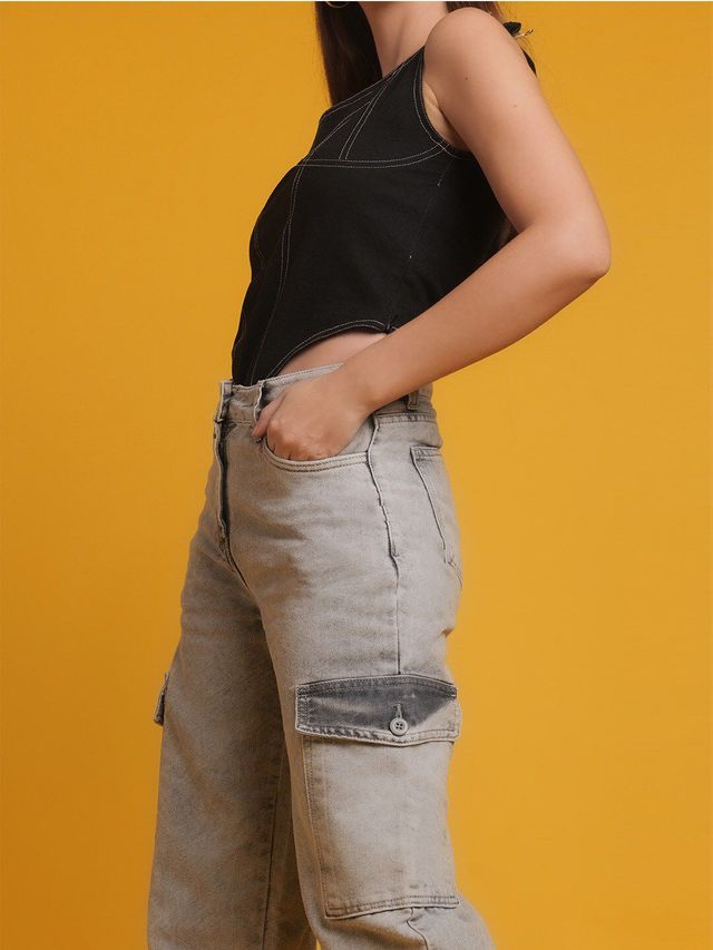 Freehand Women's Cargo Denim Jeans | Grey - 34