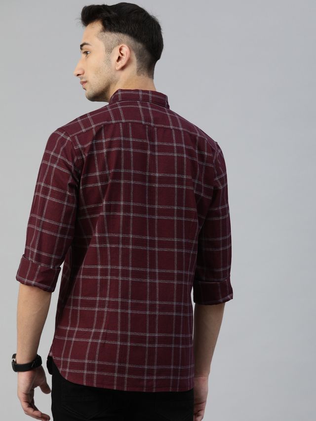 The Bear House Men Slim Fit Checked Button-Down Casual Shirt - Andreas | Maroon | L
