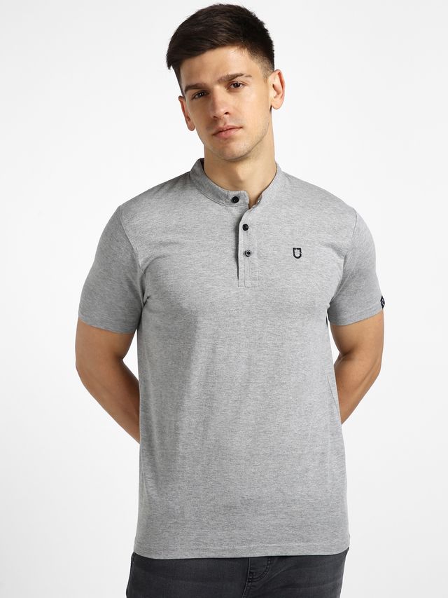 Urbano Fashion Men's Grey Melange Solid Mandarin Collar Slim Fit Half Sleeve Cotton T-Shirt-M