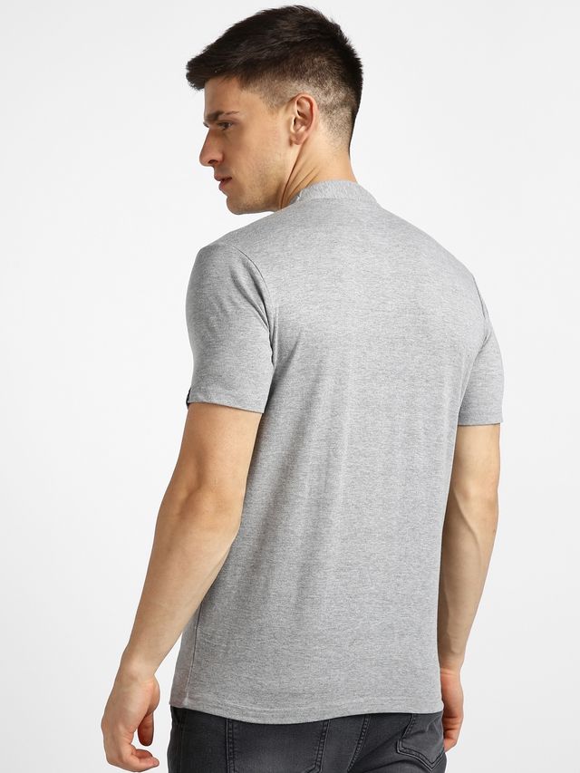 Urbano Fashion Men's Grey Melange Solid Mandarin Collar Slim Fit Half Sleeve Cotton T-Shirt-M