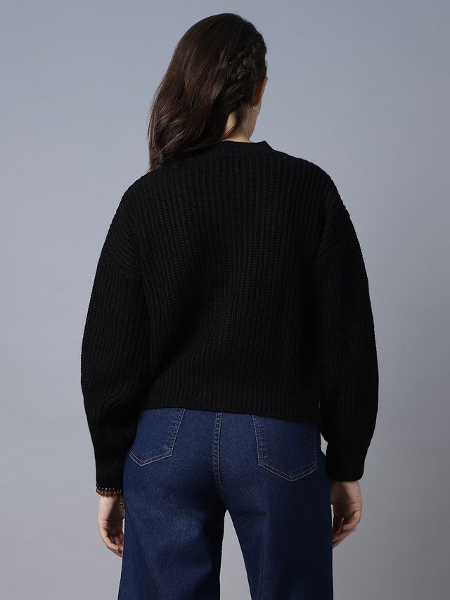 High Star Women's Ribbed Acrylic Cardigan | Black - L