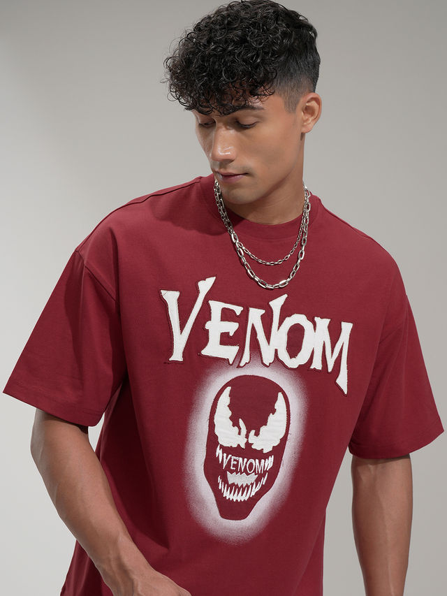 HIGHLANDER Men's Marvel Venom Round Neck Drop Shoulder Graphic Oversized Tshirt | Maroon - S