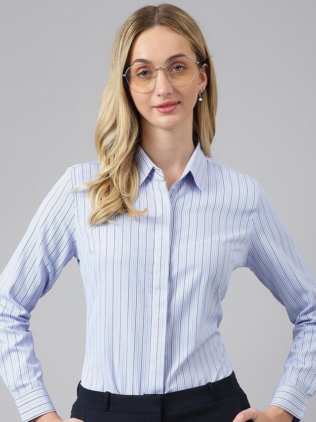 English Navy Women's Striped Regular Fit Cotton Blend Formal Shirt | Blue & White - M