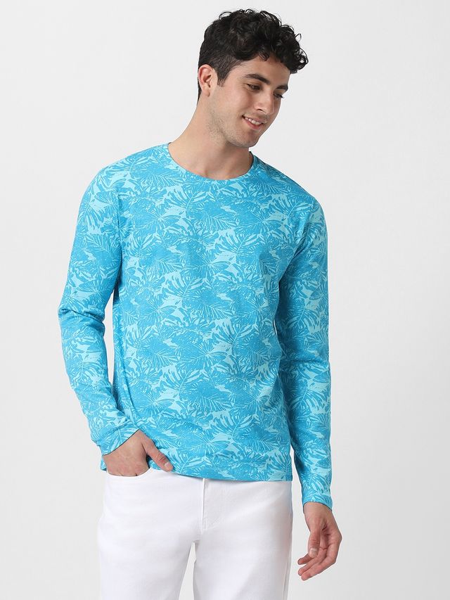 Urbano Fashion Men's Aqua Blue Printed Full Sleeve Slim Fit Cotton T-Shirt-Xl