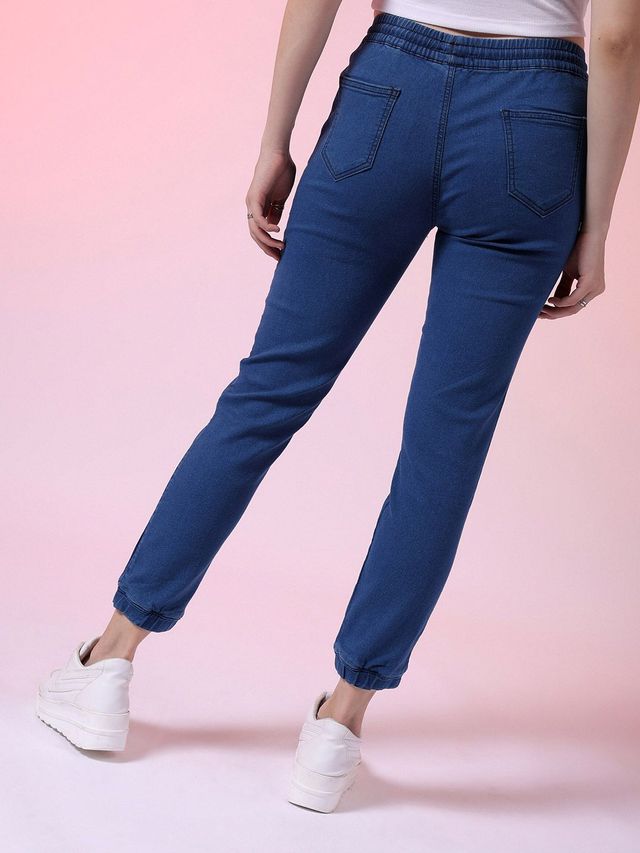 Freehand Women's Mid-Rise Medium Washed Printed Joggers With Elasticated Drawstring | Blue - 28