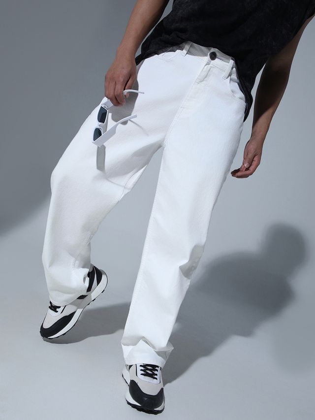 Hubberholme Men's 90's Relaxed Straight Fit Stretchable Jeans | White - 32