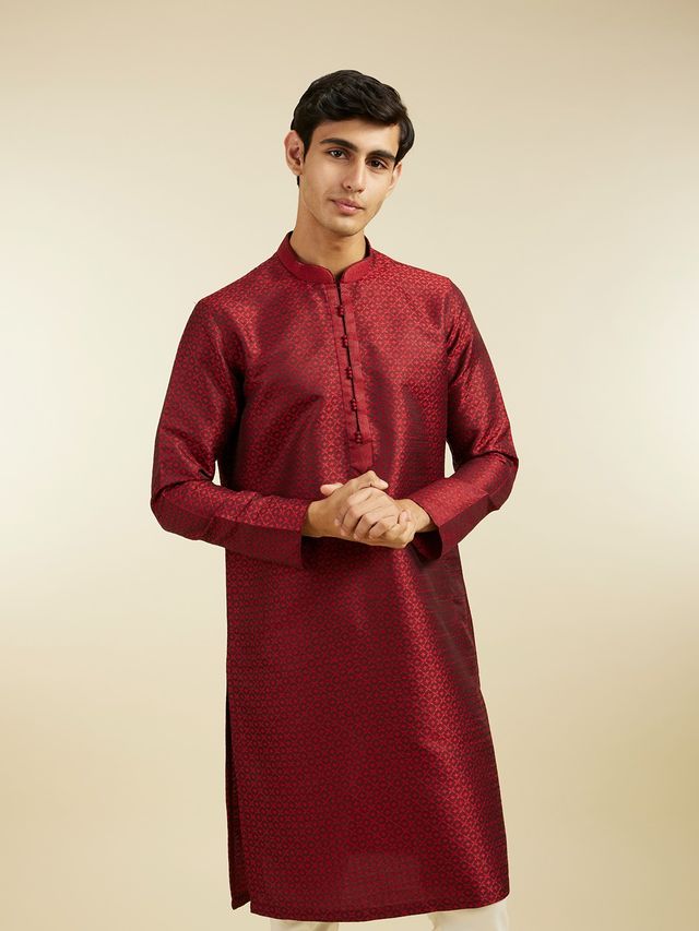 Diwas By Manyavar Maroon Art Silk Self Design Kurta Set | M