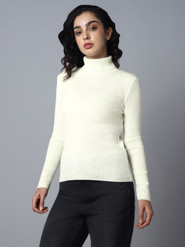 High Star Women's Ribbed Turtle Neck Long Sleeves Acrylic Pullover | White - S