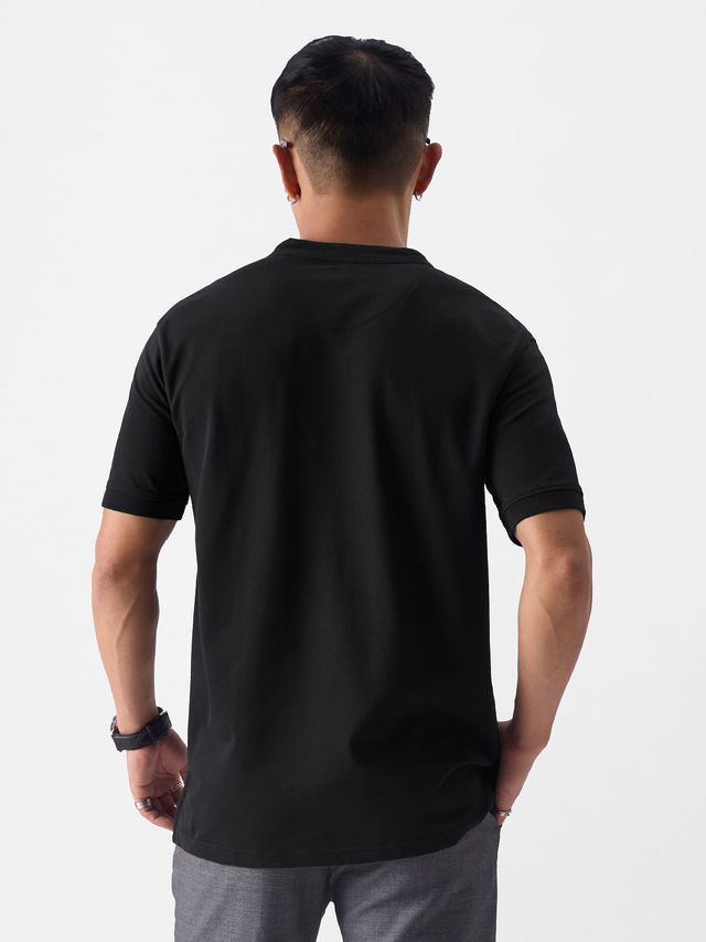 The Souled Store Men's Regular Solids- Midnight Black Mandarin Polo | 2XL