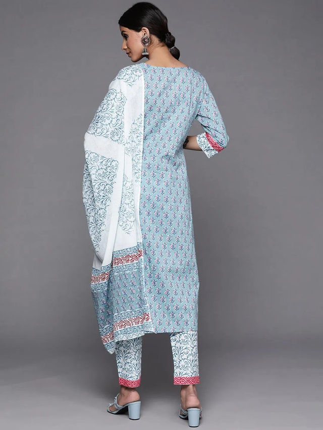 Libas Women Blue Cotton Kurta And Blue Cotton Trouser With Multi Cotton Dupatta - 33204OXL