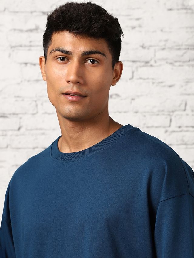 Nobero Men's Oversized Solid Sweatshirt | Navy Blue - S