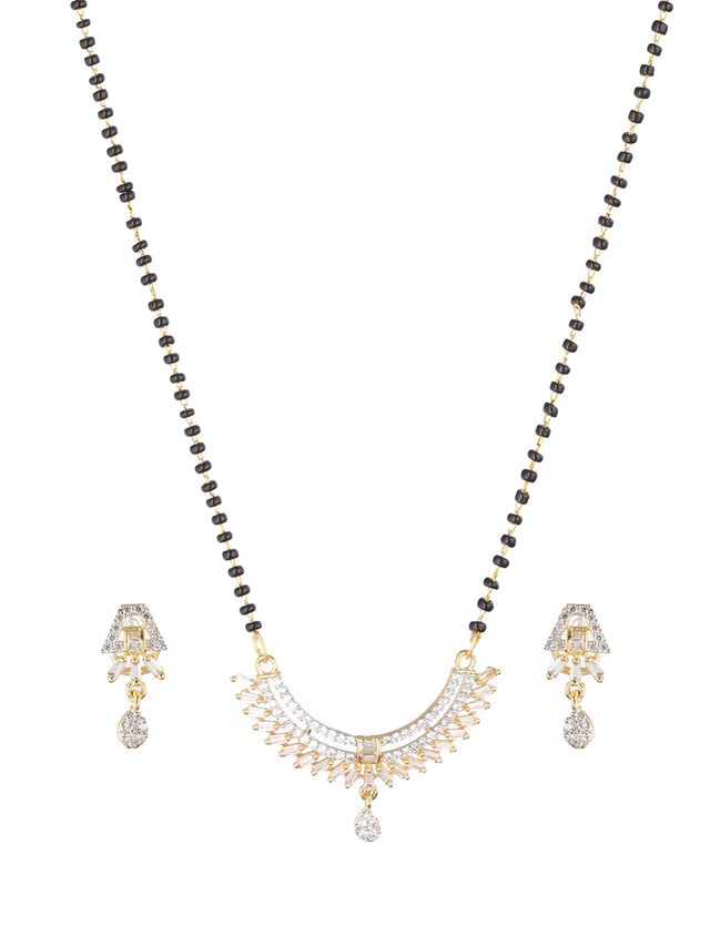 Aatmana Black Gold-Plated Beaded & AD Studded Mangalsutra & Earrings Set