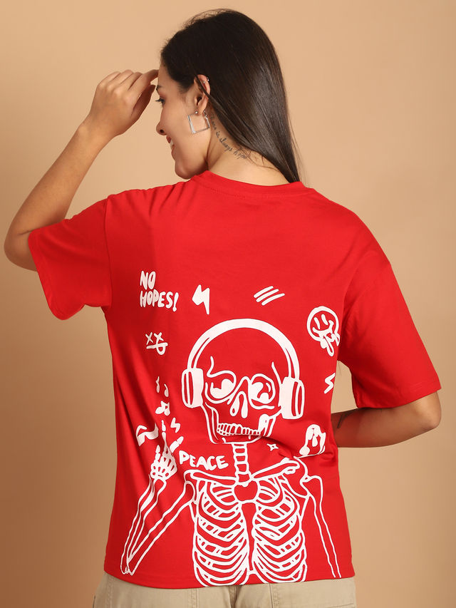 Fabflee Women Oversize Cotton Printed Round Neck Tshirt | Red | FAB-OS-505 | M