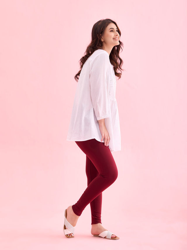 Go Colors Women's Solid Mid Rise Ankle Length Leggings | Maroon - 2XL