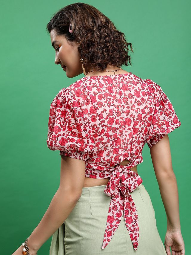 Ketch Women's Floral Printed Puff Sleeve Crop Top | Multicolor - XL