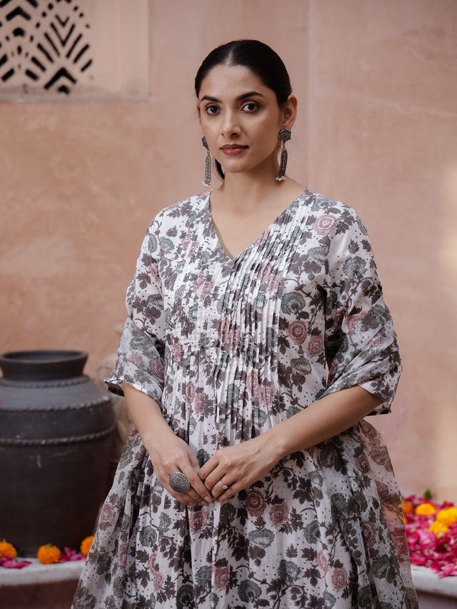 Rangdeep Floral Printed A-Line Pure Cotton Kurta with Trousers for Women s | Off White | XL