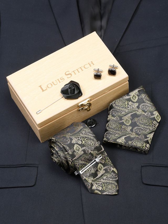 Louis Stitch Men's Floral Silk Necktie Set | Green - One Size