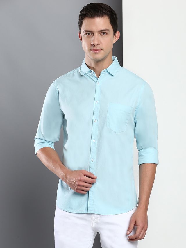 Dennis Lingo Men's Cotton Solid Slim Fit Casual Shirt | Turquoise Blue | L