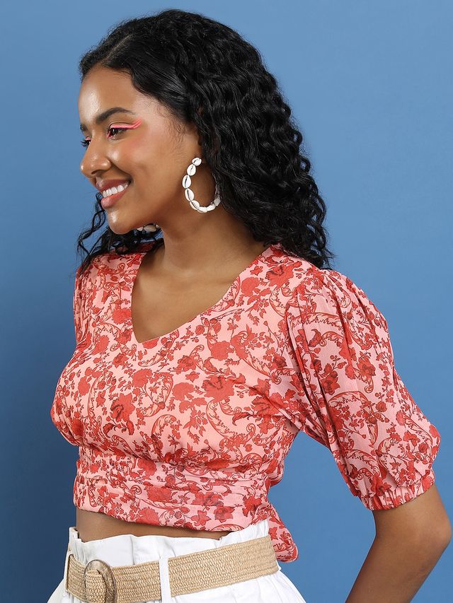 Ketch Women's Floral Printed V-Neck Puff Sleeves Tie-Up Blouson Crop Top | Multicolor - L