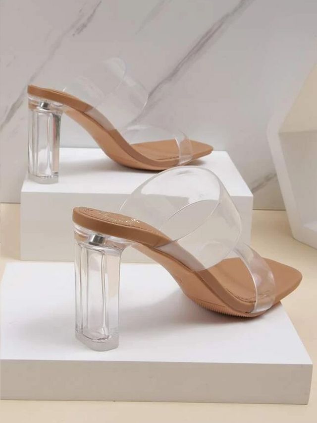Shoetopia Women's Transparent Detailed Block Heels | Beige - UK 3