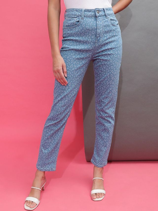 Freehand Women's Laser Leopard Pattern Straight Fit Denim Jeans | Blue - 30