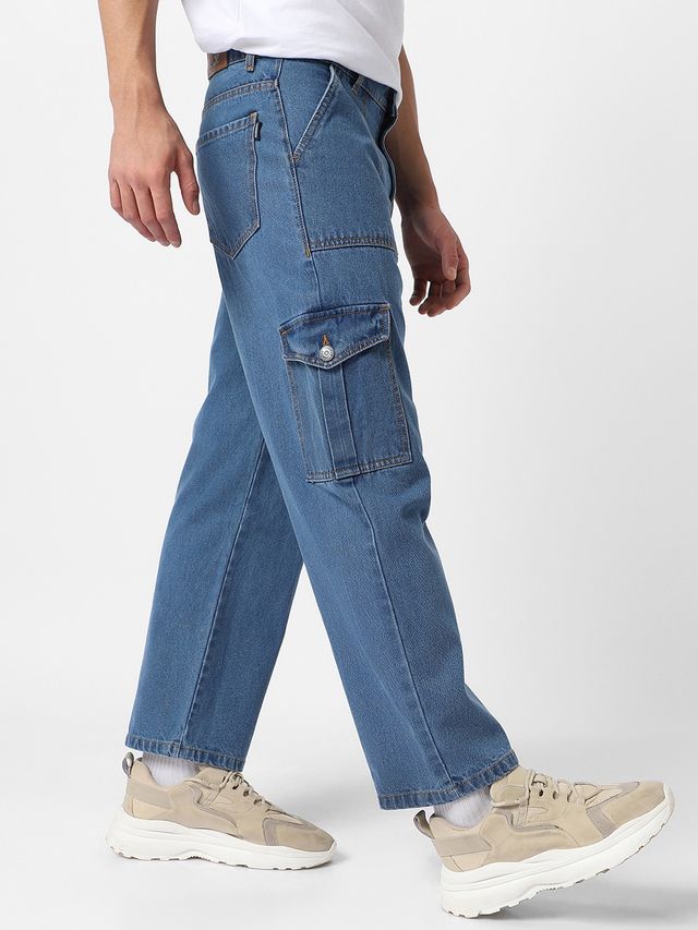 Urbano Fashion Men's Cargo Jeans Loose Baggy Fit 6 Pockets Non-Stretchable | Light Blue | 36