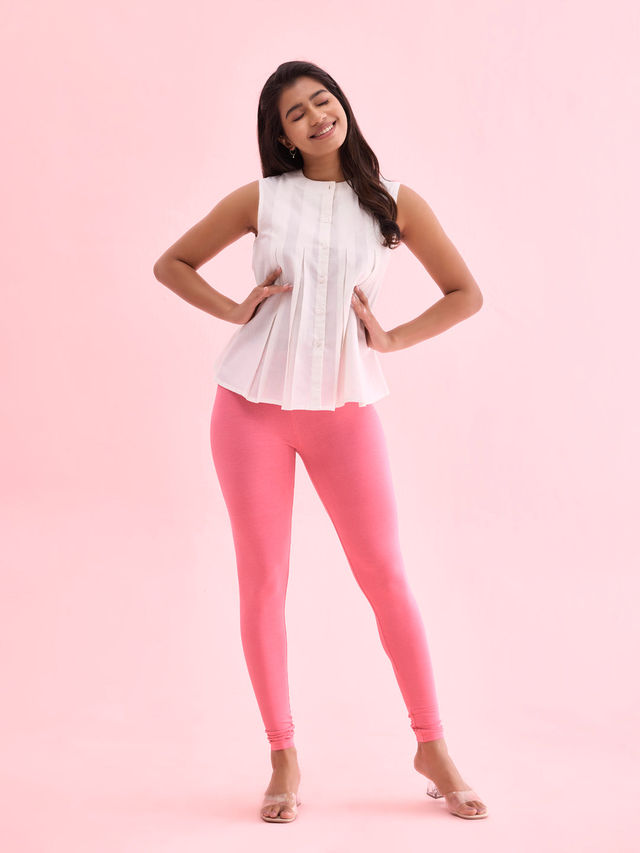 Go Colors Women's Solid Mid Rise Ankle Length Leggings | Young Pink - S