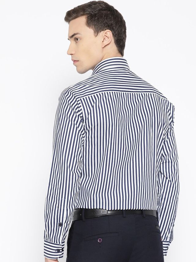 Hancock Men's Striped Spread Collar Long Sleeves Pure Cotton Formal Shirt - White & Navy | 42