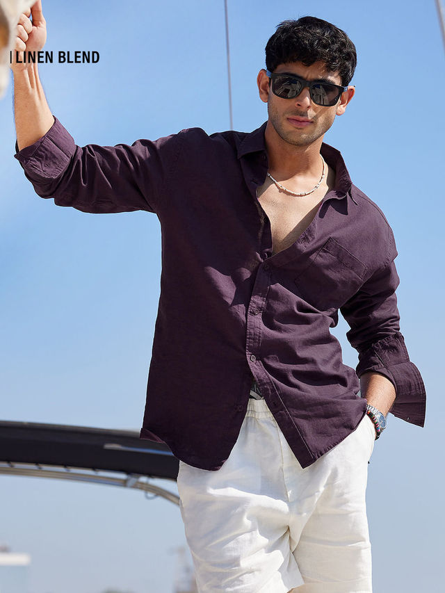 The Souled Store Men's Regular Cotton Linen- Berry Shirts | Purple | L